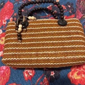 Striped Woven Wristlet Clutch in Brown and White with Beaded Handle